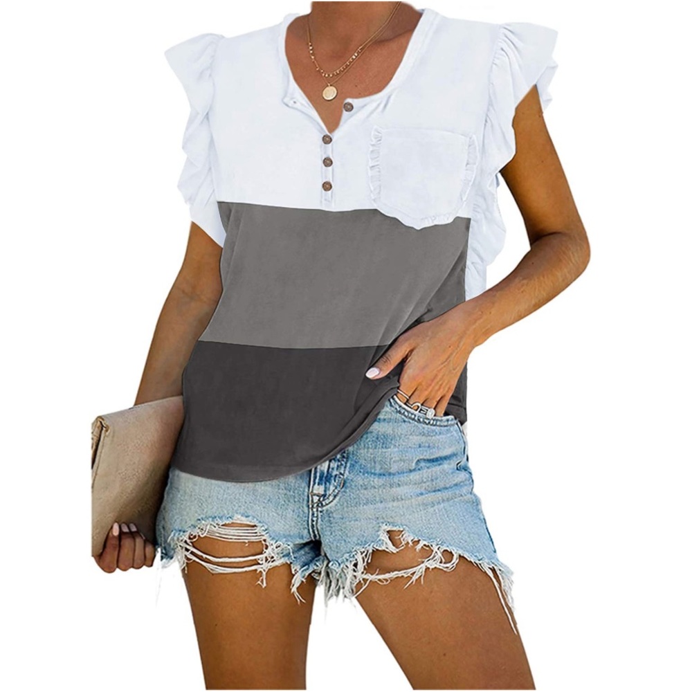 Ruffle Sleeve Color Block 1/4 Button-Down Pocket … - image 1